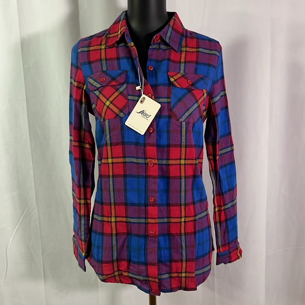 NWT INSO Multicolor Plaid Roll-Tab Sleeve Button Down Flannel Shirt
